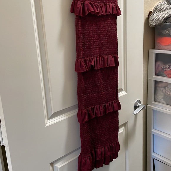 Shirred Tiered Layered Ruffled Red Dress - Picture 3 of 3